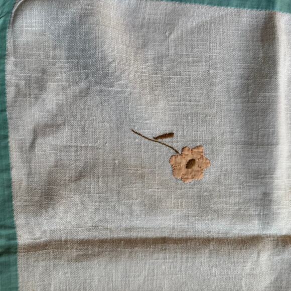 Cottage Core Flower Appliquéd Small Linen White Tablecloth Green Pink Blue 33x35 - Picture 7 of 9